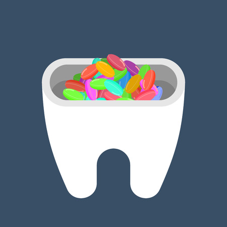 Hole in tooth and candy. Teeth ache from sweet. Caries. Dentist vector illustrationのイラスト素材