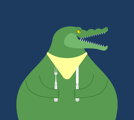 Crocodile with spoon and fork dinner. Hungry alligator Vector illustrationのイラスト素材