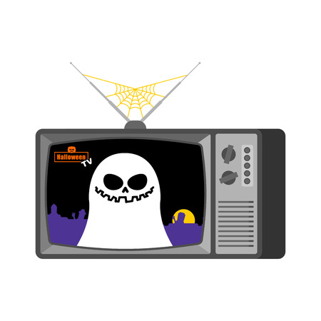 Halloween news old tv. Ghost broadcasting journalist. spook Anchorman in tv studio. Live broadcasting.のイラスト素材