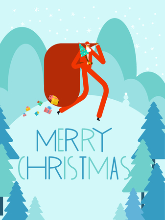 Merry Christmas greeting card. Santa Claus and Winter landscape. Snow and drifts.のイラスト素材