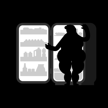 Open fridge night and fat woman. Food silhouette. Refrigerator for gluttonのイラスト素材