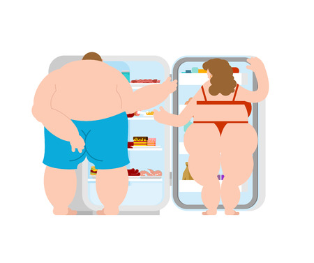 Open fridge and fat Married couple. lot of food. Refrigerator for gluttonのイラスト素材