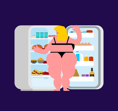 Open fridge night and fat woman. Food silhouette. Refrigerator for gluttonのイラスト素材
