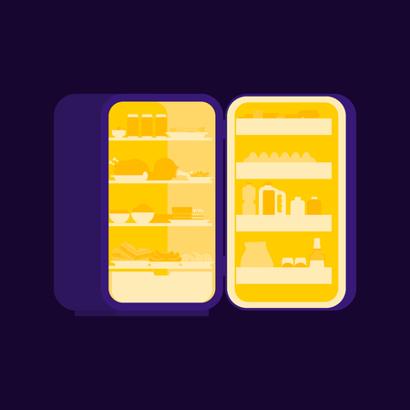 Open fridge at night isolated. Food silhouette. Refrigerator for glutton


のイラスト素材