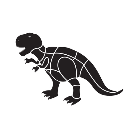 Cut of meat dinosaur. Tyrannosaur silhouette scheme lines of different parts meat. How to cut flesh dino. Poster Butchers diagram for meat stores. Barbecue and steaks, delicacy dishes.
のイラスト素材