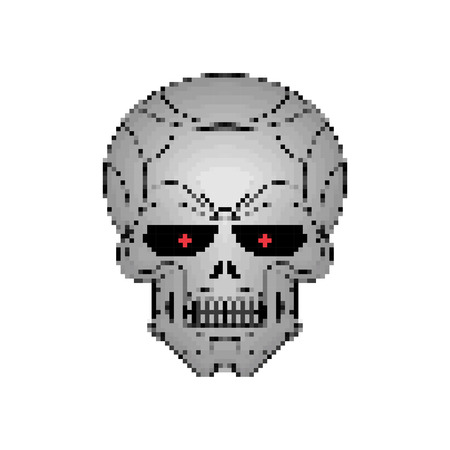 Iron skull pixel art. Metal head skeleton 8 bitのイラスト素材