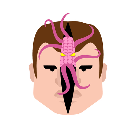 Parasite in head. Pest with tentacles inside head. Cut skin of face. Evil Alter Egoのイラスト素材