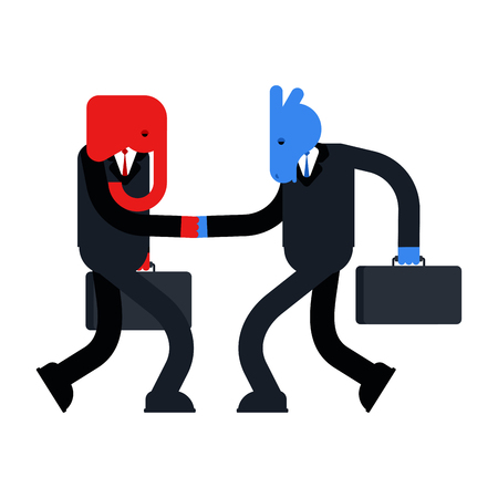 Elephant and Donkey cooperation Handshake conversation. Democrat and Republican truce. Political patriotic friendship. Red and blue armisticeのイラスト素材