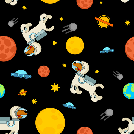 Dog astronaut space pattern seamless. Pet spaceman background. puppy cosmonaut costume. Universe textireのイラスト素材