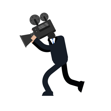 Videographer isolated. Man and Video camera. camcorder head. Vector illustrationのイラスト素材