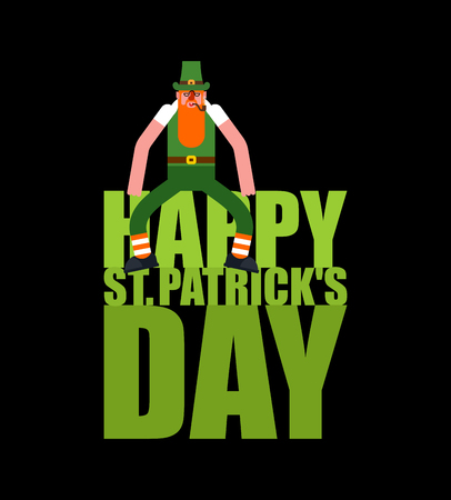 Happy St. Patricks Day Lettering and Leprechaun. Irish holiday. Dwarf in green hatのイラスト素材