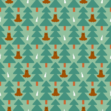 Forest pattern seamless. Bear and Hare. Trees and animals background. Baby Fabric Texture
