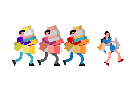 Man and woman shopping. Big Sale. family in store and packages. buyer girl and shopping bagのイラスト素材