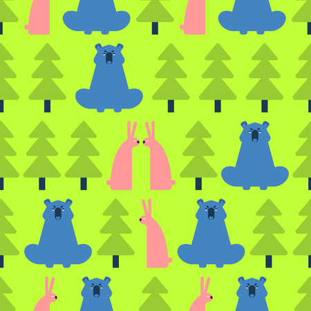 Forest pattern seamless. Bear and Hare. Trees and animals background. Baby Fabric Textureのイラスト素材