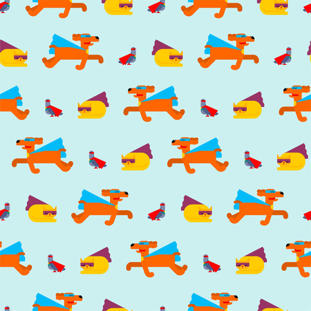 Superhero animals pattern seamless. Super cat and dog and dove in Cloak and mask. Superpowers pet and pigeon. Cartoon style background vectorのイラスト素材