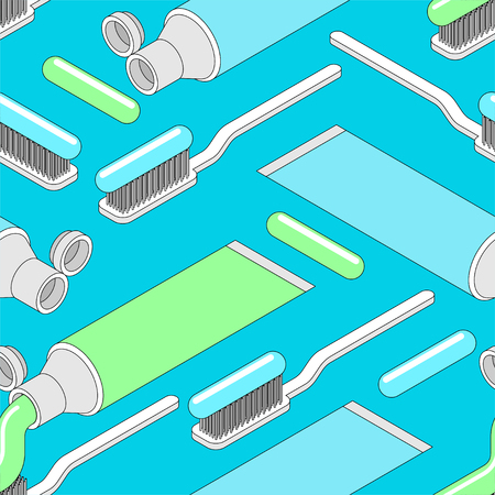 Toothbrush and Toothpaste tube isometric pattern seamless. Vector background cartoon styleÂ のイラスト素材
