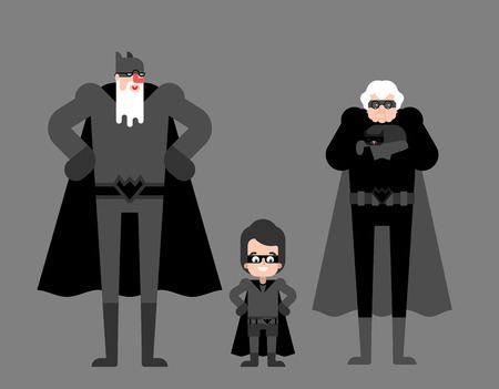 Superhero grandparents and grandson. Super grandparent in Cloak and mask. Superpowers old man. Grandfather and grandmother Cartoon style vectorのイラスト素材
