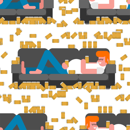 Lazy man lying on couch drinking beer pattern seamless. Hangover guy is lying on sofa backgroundのイラスト素材