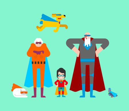 Superhero grandparents and grandson. Super grandparent in Cloak and mask. Superpowers old man. Grandfather and grandmother Cartoon style vectorのイラスト素材
