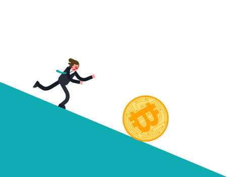 Bitcoin price fall. Businessman running for coin. Cryptocurrency price Downgrade. Business concept in crypto exchange
のイラスト素材