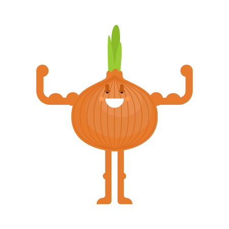 Strong onion. Powerful Vegetable. Healthy food. Vector cartoon illustrationのイラスト素材