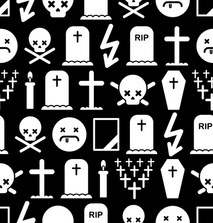 Death pattern seamless. Tombstone and cross background. Cemetery and skull. Candle and mourning frameのイラスト素材