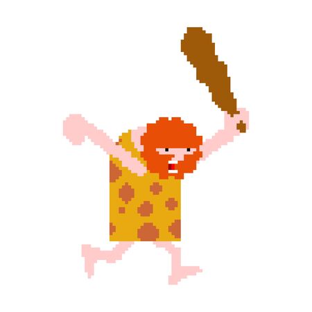 Caveman pixel art isolated. Prehistoric man hunter 8 bit. Ancient man is huntingÂ pixeのイラスト素材