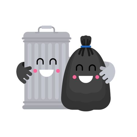 Trashcan and garbage bag friends. Trash can and black sack couple. rubbish Romance. Vector illustrationのイラスト素材