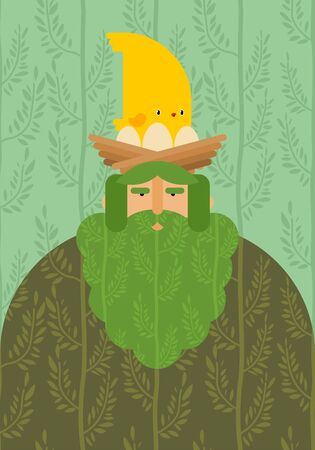 Old man Spirit of forest.Â Wood goblin with bird on his head. のイラスト素材