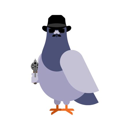 Dove spy. pigeon Secret agent. City bird in hat and with gunのイラスト素材