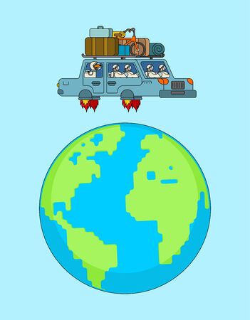 Space tourism. Astronaut in Flying car. Spaceship auto. Spaceman in Rocket automobileのイラスト素材