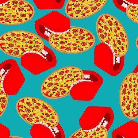 Mouth eating pizza pattern seamless. Fast food texture. vector backgroundのイラスト素材