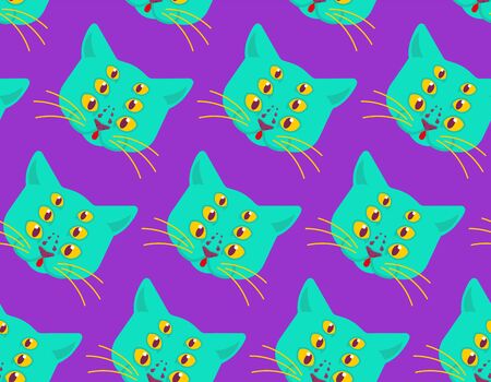 Cat alien monster pattern seamless. Ufo pet face background. Animal mutant texture