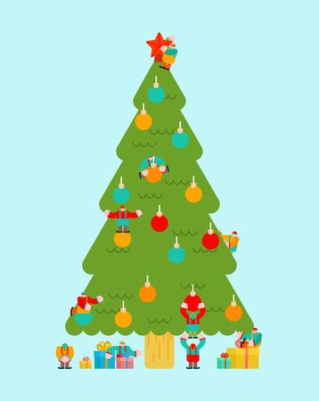 Elf Santa decorating Christmas tree. Little Christmas Helper. Xmas and New Year Vector Illustrationのイラスト素材