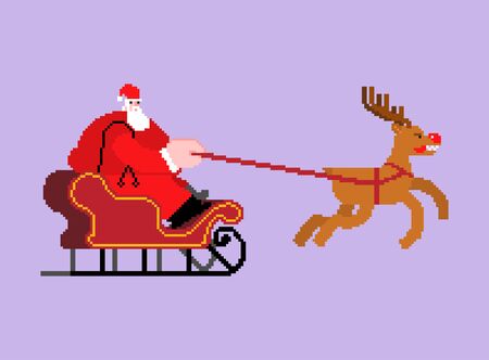 Santa in sleigh pixel art. 8 bit Christmas and New Year Vector Illustrationのイラスト素材