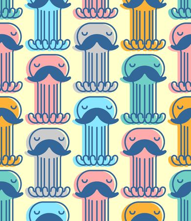 Octopus with mustache pattern seamless. Mustached poulpe background. see animal vector texture. Baby fabric ornamentのイラスト素材