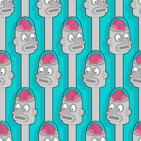 Artificial Intelligence pattern seamless. Robot with brain background. Retro robot head amd brains. vector textureのイラスト素材