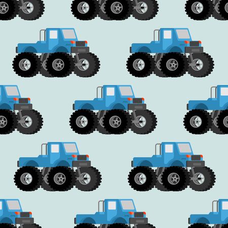 Monster Truck pattern seamless. car on big wheels background. Baby fabric ornament. vector textureのイラスト素材