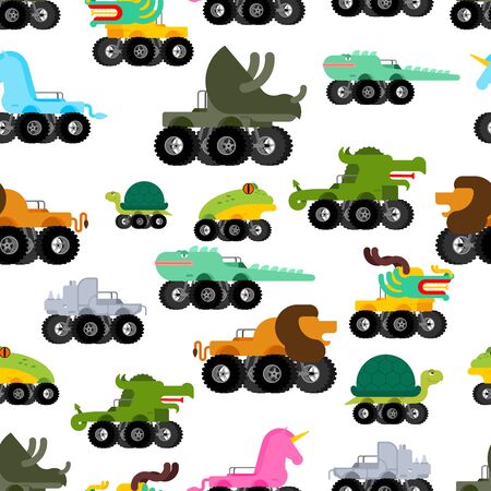 Monster Truck animal pattern seamless. Cartoon car beast on big wheels. Baby fabric ornament. vector backgroundのイラスト素材