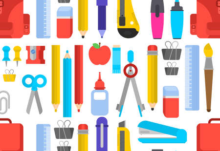 Back to school pattern seamless. Study supplies background. School texture. Briefcase, pencil and eraser. Ruler and pen. Kepler and strongのイラスト素材