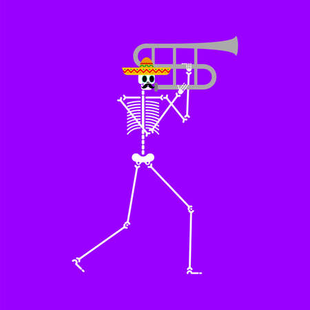 Skeleton and trombone. Dead man with musical instrument. Dead music band. Skull in sombrero. Day of dead in mexico.のイラスト素材