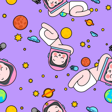 Baby astronaut in space pattern seamless. Newborn spaceman background. child in space helmet...