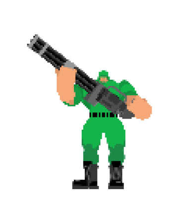 Soldier with big gun. Strong military man with machine gunのイラスト素材