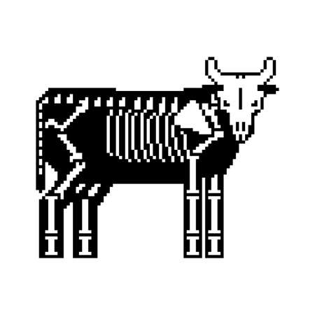 Cow skeleton pixel art. 8 bit Farm animal bones. Bull anatomy. vector illustrationのイラスト素材