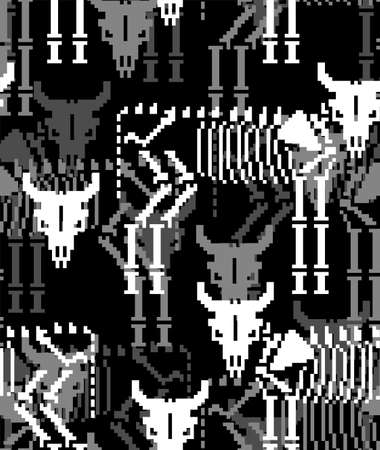 Cow skeleton pixel art pattern seamless. 8 bit Farm animal bones background. Bull anatomy texture. vector ornamentのイラスト素材