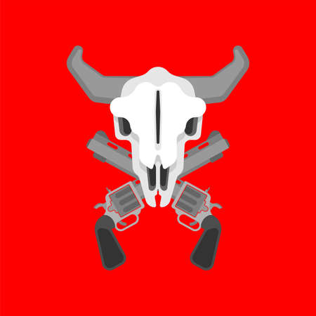 Cowboy logo. Bull skull and gun. Cowboy sign. vector illustrationのイラスト素材