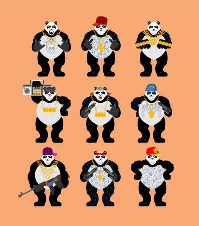 Panda gangster gang set. Cool Bear Gang of bandits. SWAG gangsta. Animal guy rapperのイラスト素材