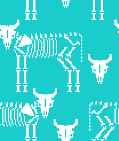 Cow skeleton pixel art pattern seamless. 8 bit Farm animal bones background. Bull anatomy texture. vector ornamentのイラスト素材