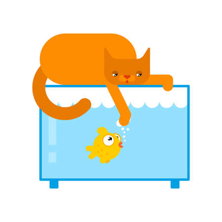 Cat and aquarium. Small fish hiding from catのイラスト素材