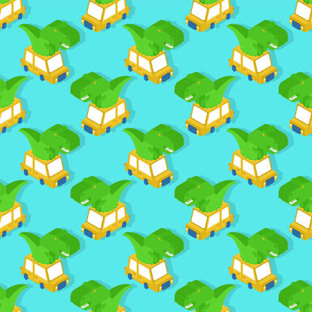 Dinosaur in car pattern seamless. Tyrannosaurus rides auto background. T-rex in vehicle texture. Baby fabric ornamentのイラスト素材